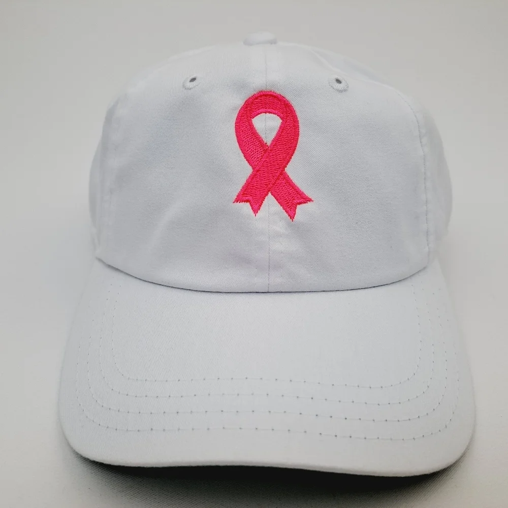 Breast Cancer Awareness Embroidered Hat Cap Relaxed Cotton White
